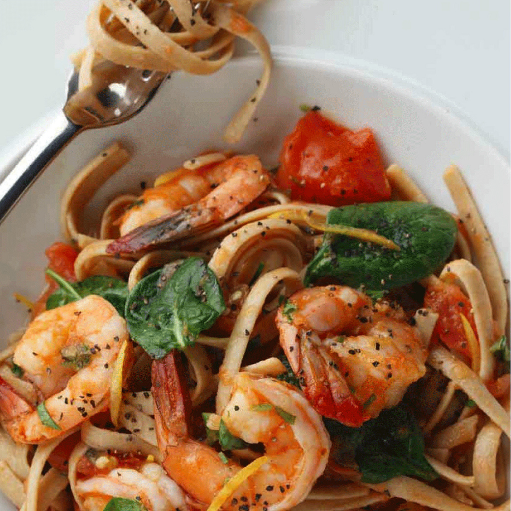 Whole-Wheat Fettuccini with Shrimp and Spinach