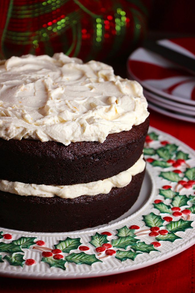 Chocolate Gingerbread Torte with Orange Mascarpone Whipped Frosting