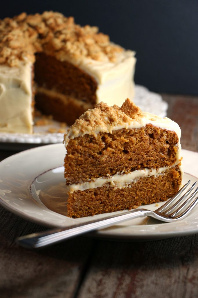 Spiced Pumpkin Cake with Molasses Cream Cheese Frosting & Ginger Snap Crumble
