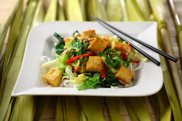 Warm Rice Noodle and Tofu Salad with Toasted Pumpkin Seeds