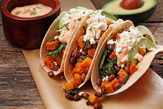Butternut Squash and Black Bean Tacos with Smoky Lime Crème for a Crowd