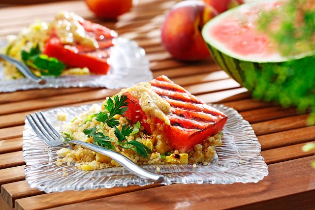 Grilled Watermelon Quinoa Salad with Peach Dressing