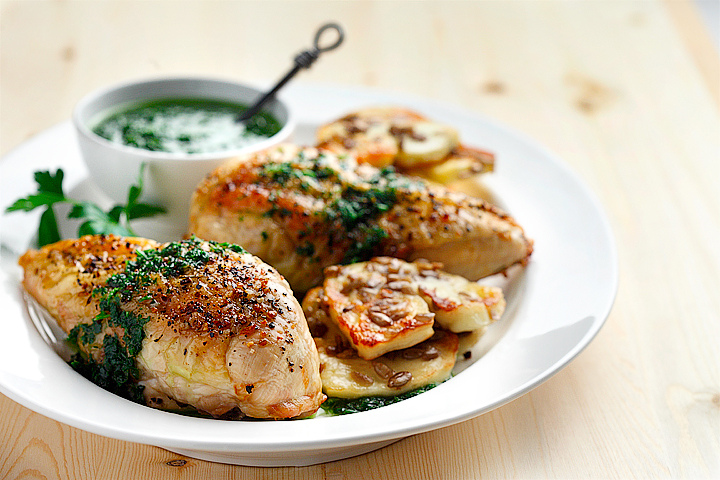 Roasted Chicken with Parsley Sauce and Halumi Cheese