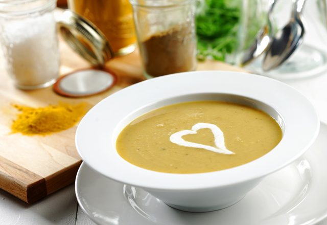 Yellow Split Pea Soup with Chile Spiked Onion and Crème Fraiche