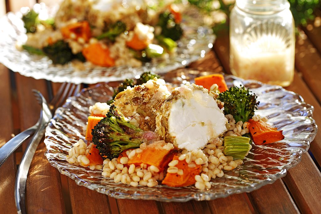 Fall Barley Salad with Roasted Sweet Potatoes, Broccoli & Warm Pepita Crusted Goat Cheese