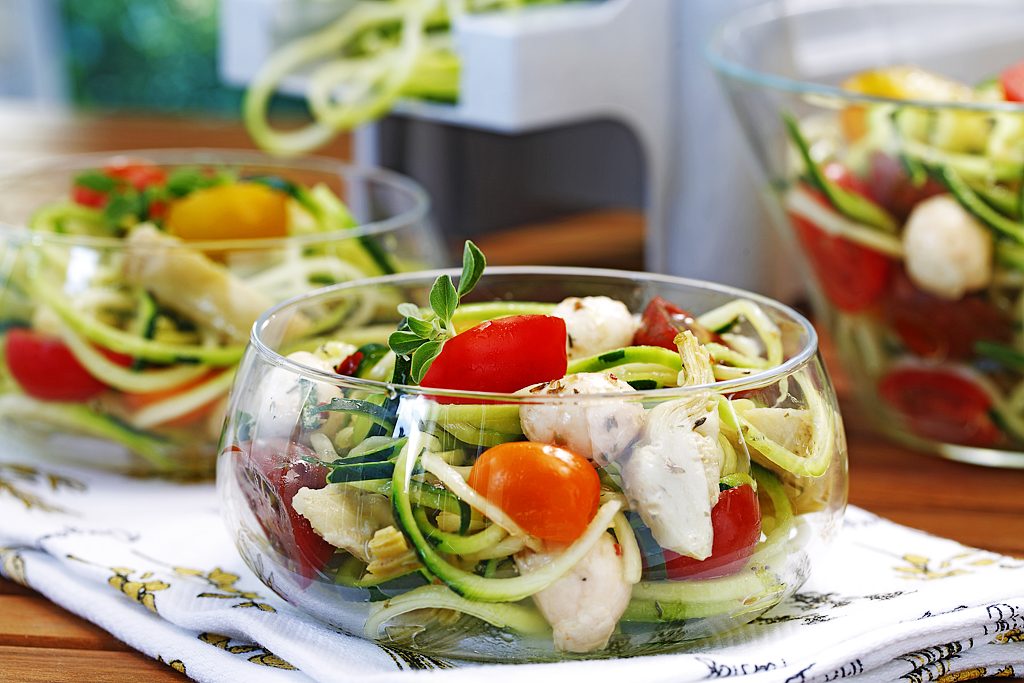 Sautéed Spiralized Zucchini Salad with Marinated Baby Bocconcini