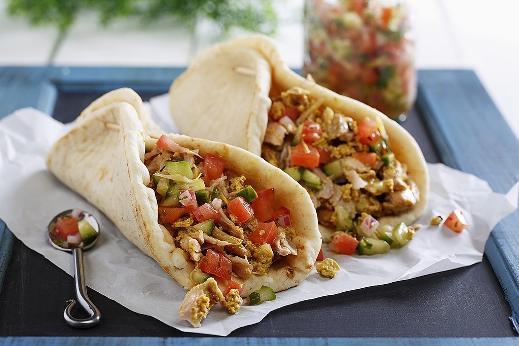 Slow Cooker Chicken Shawarma with Tomato Cucumber Relish
