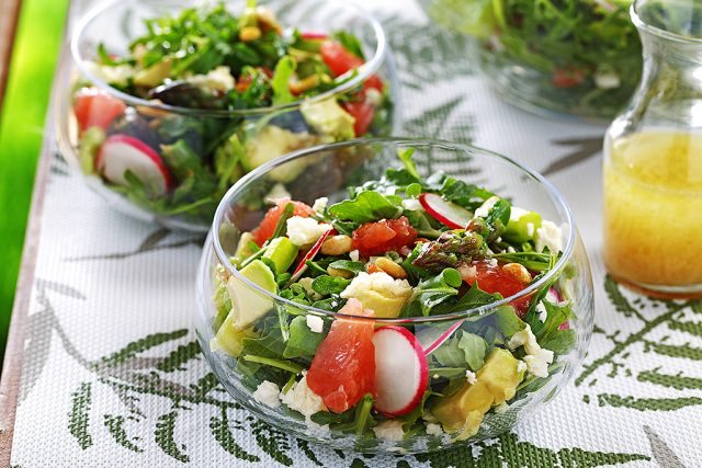 Asparagus, Radish & Grapefruit Salad with White Balsamic & Shallot Vinaigrette