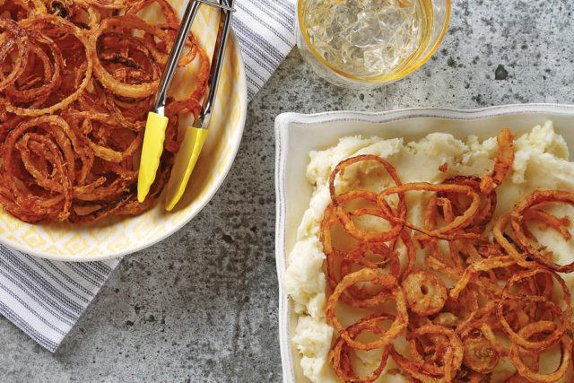 French-Fried Onions with Parsnip and Potato Mash