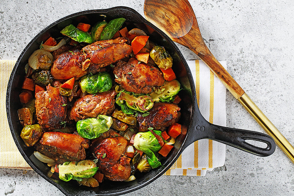 Balsamic Maple Chicken Skillet with Sweet Potatoes and Brussels Sprouts