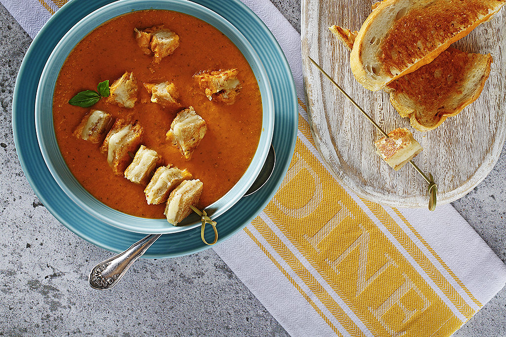Roasted Tomato Bisque with Grilled Cheese Skewers